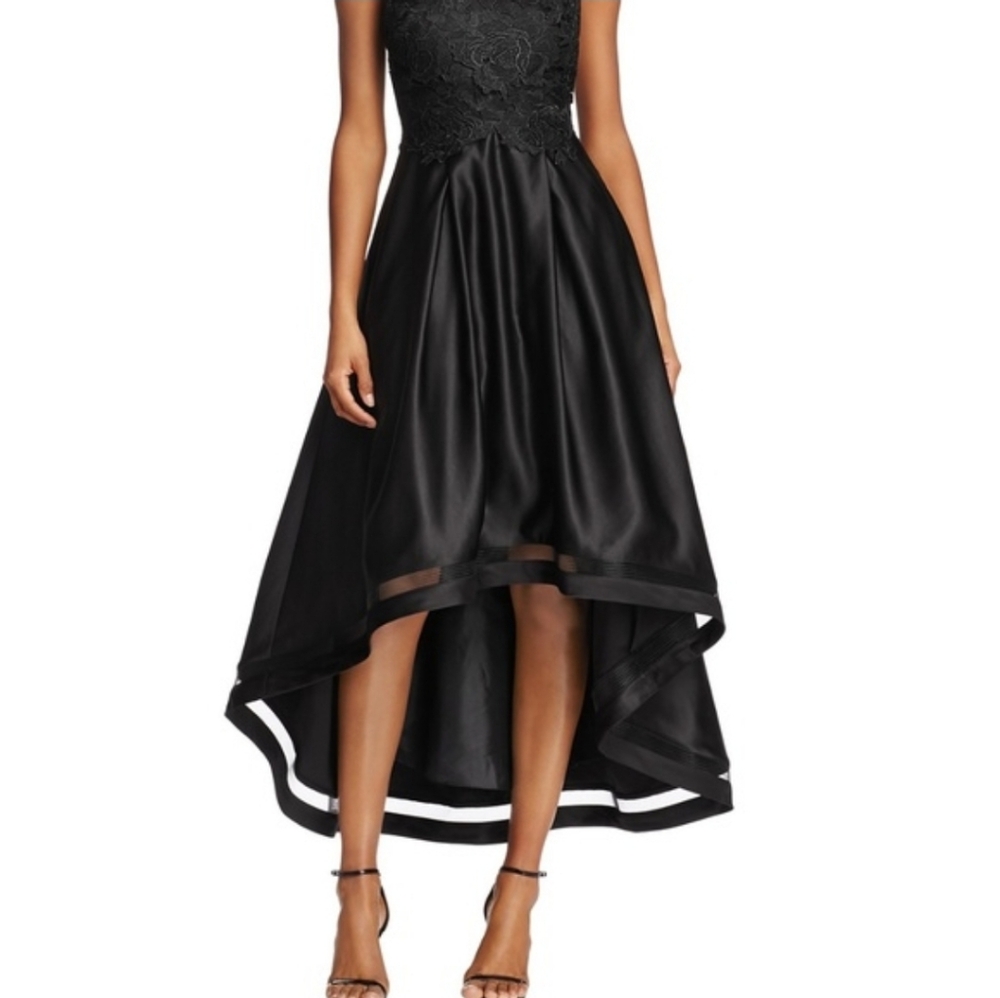 AVERY G Black Lace Bodice Halter T-Back Hi-Low Formal Dress - Picture 10 of 16